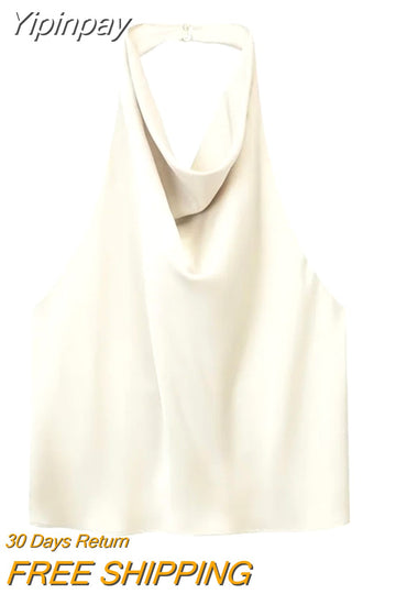 Yipinpay Satin Halter Top Female Sexy Backless Top Woman Party Night Off Shoulder Tops For Women 2023 Fashion Sleeveless Crop Top